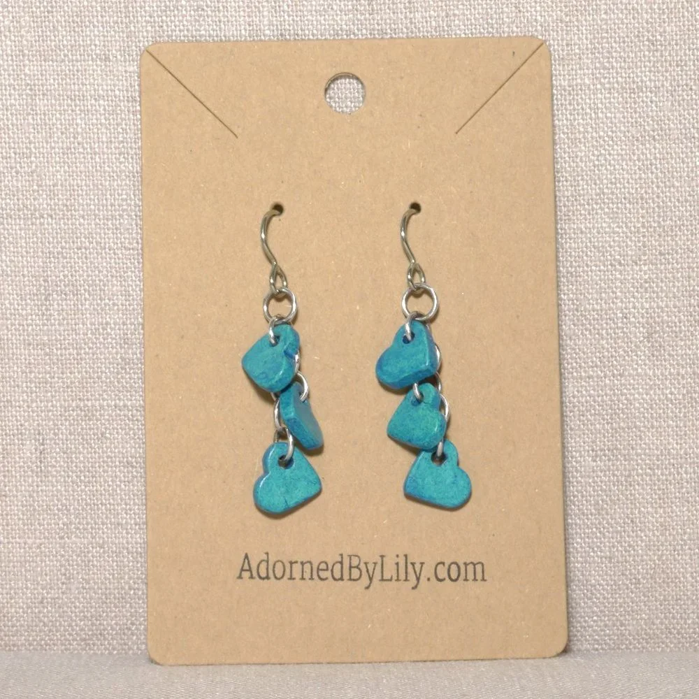 Hand Crafted Handmade Earrings Turquoise Ceramic Chain of Hearts Long Ea… - Picture 2 of 4
